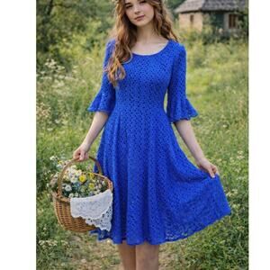 Rabbit Rabbit Rabbit Dress Women's Size 12 Blue   Eyelet Crochet Boho Cocktail